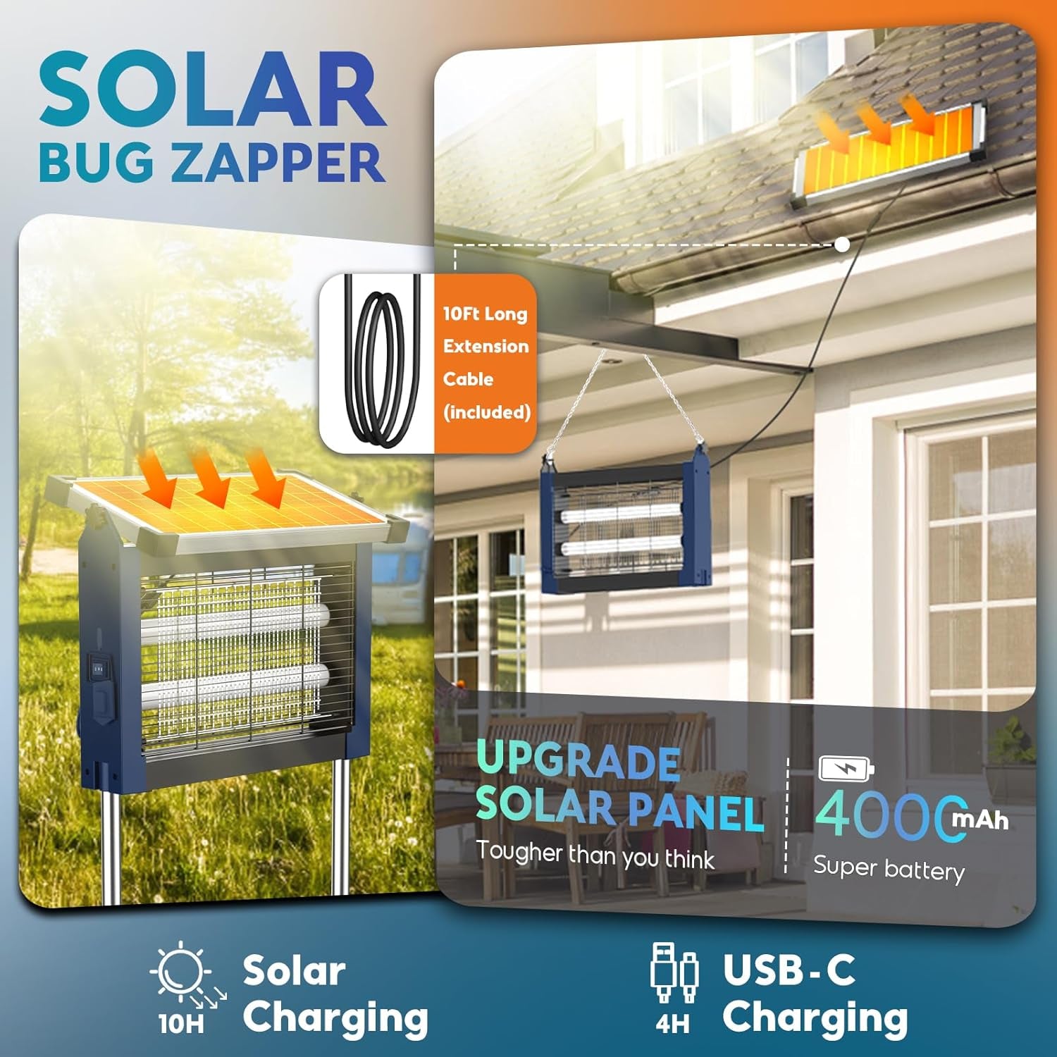 Solar Bug Zapper Outdoor,  Mosquito Zapper 4500V, Waterproof Portable Fly Zapper, Rechargeable Electric Mosquito Killer, Cordless Fly Insect Mosquitos Trap for Patio Yard Camping Bbq(Blue)